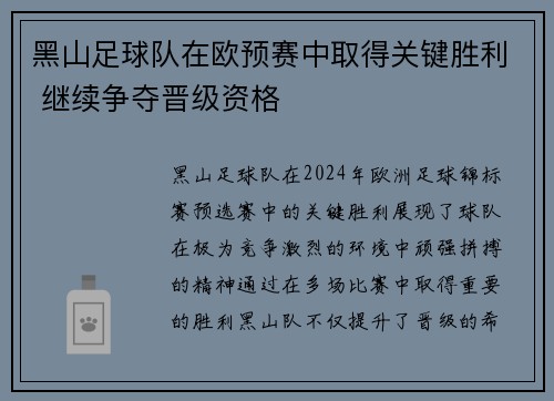 黑山足球队在欧预赛中取得关键胜利 继续争夺晋级资格
