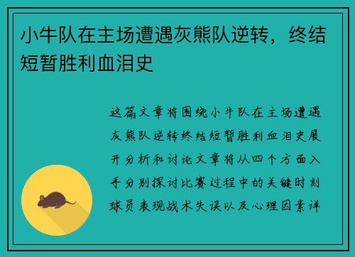小牛队在主场遭遇灰熊队逆转，终结短暂胜利血泪史