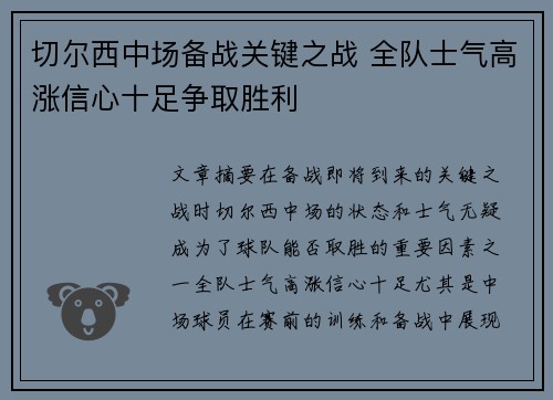 切尔西中场备战关键之战 全队士气高涨信心十足争取胜利