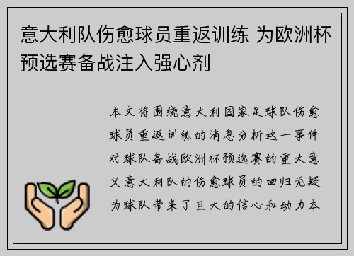 意大利队伤愈球员重返训练 为欧洲杯预选赛备战注入强心剂