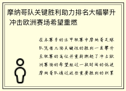 摩纳哥队关键胜利助力排名大幅攀升 冲击欧洲赛场希望重燃