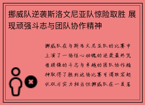挪威队逆袭斯洛文尼亚队惊险取胜 展现顽强斗志与团队协作精神