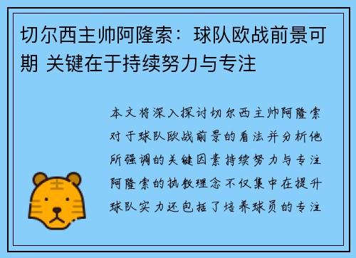 切尔西主帅阿隆索：球队欧战前景可期 关键在于持续努力与专注